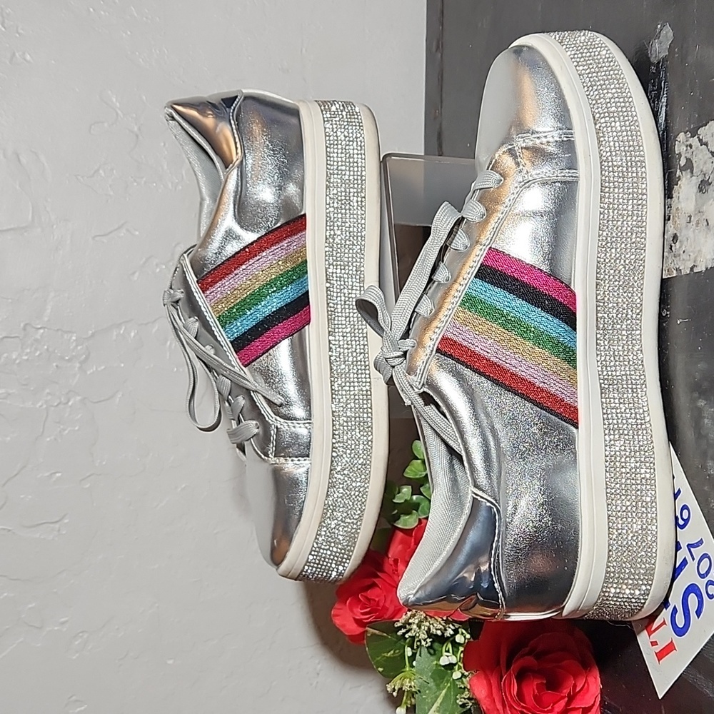 PAZZLE Color Panel Toe Lace-Up Rhinestone Flatform Sneaker 18981 - Picture 5 of 11